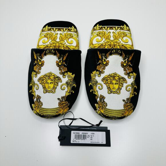 NWT Versace Medusa Slip-On Slippers Size S (6-7) Renaissance-Print Black Gold - Picture 4 of 8